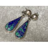 Pair of Vintage silver ear rings “Mexican” with Azurite & Malachite stones 17.3G