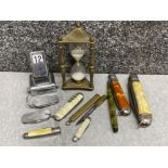 Mixed lot comprising of vintage desk Calendar, brass & glass hour glass plus a selection of pocket