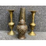 3 old Middle Eastern brass vases plus a old inlaid jar complete with lid