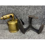 Vintage brass “Optimus” paraffin blow torch & cast iron shoe last