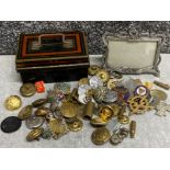 Small tray of armed forces buttons & various badges plus a small metal cash box