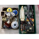 Green tray & box of studio pottery religious figure, storage jars & carvings etc