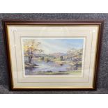 Mahogany framed print signed bottom right Judy Boyes, titled waters edge “silver Howe from Rydal