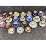 Box containing a variety of miscellaneous cups & saucers (all different) including Shelly, Imari