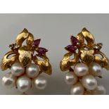 Stunning pair of 9ct gold Pearl, ruby and white stone earrings. 6g,- collection from 27th August