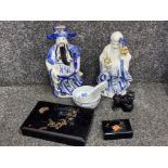 Box of 2 oriental porcelain figures, lacquered boxes etc
