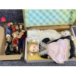 2 boxes containing vintage & older porcelain headed & stitched dolls