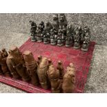 Reynard the fox design chess set, complete with board & all resin pieces (brown & silver) 46x46cm