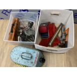 2 boxes of miscellaneous tools, also includes petrol can & railway light