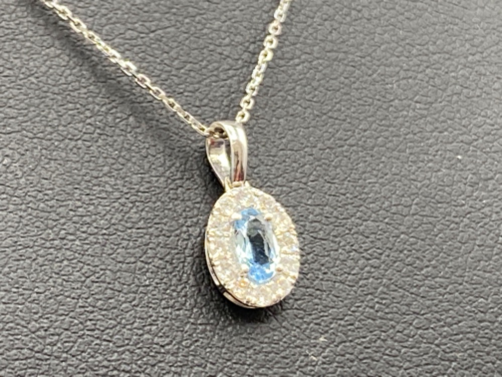 A 9ct white gold aquamarine and diamond pendant necklace, 1.4g 46cm length - Image 2 of 3