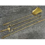 Vintage heavy brass 3 piece fire companion set, length 78cm