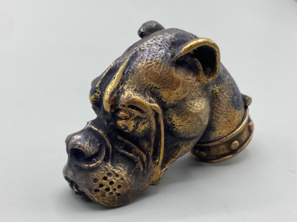 A brass vesta case in the form of a boxer dog