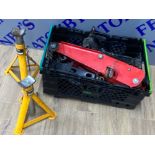 Box containing car trolley Jack, pair of Axle stands etc