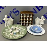 Small tray green Wedgwood plate 3 smaller blue Wedgwood dishes pair of German spill vases in shape