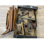 Large wooden boot stretcher together with a box containing woodworking planes, hammer & axe etc