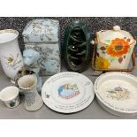 Good lot of pottery + porcelain including Wedgwood Peter Rabbit etc