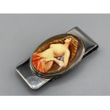 A silver document clip set with enamel nude pictorial image, 20.4g