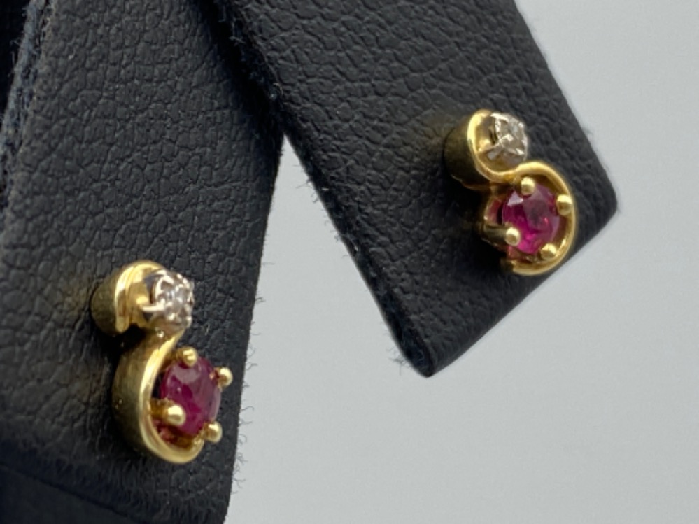 A pair of yellow gold ruby and diamond stud earrings, 1.1g - Image 3 of 3