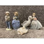 Total of 5 Nao by Lladro figures including 2 duck, 2 children holding dogs etc