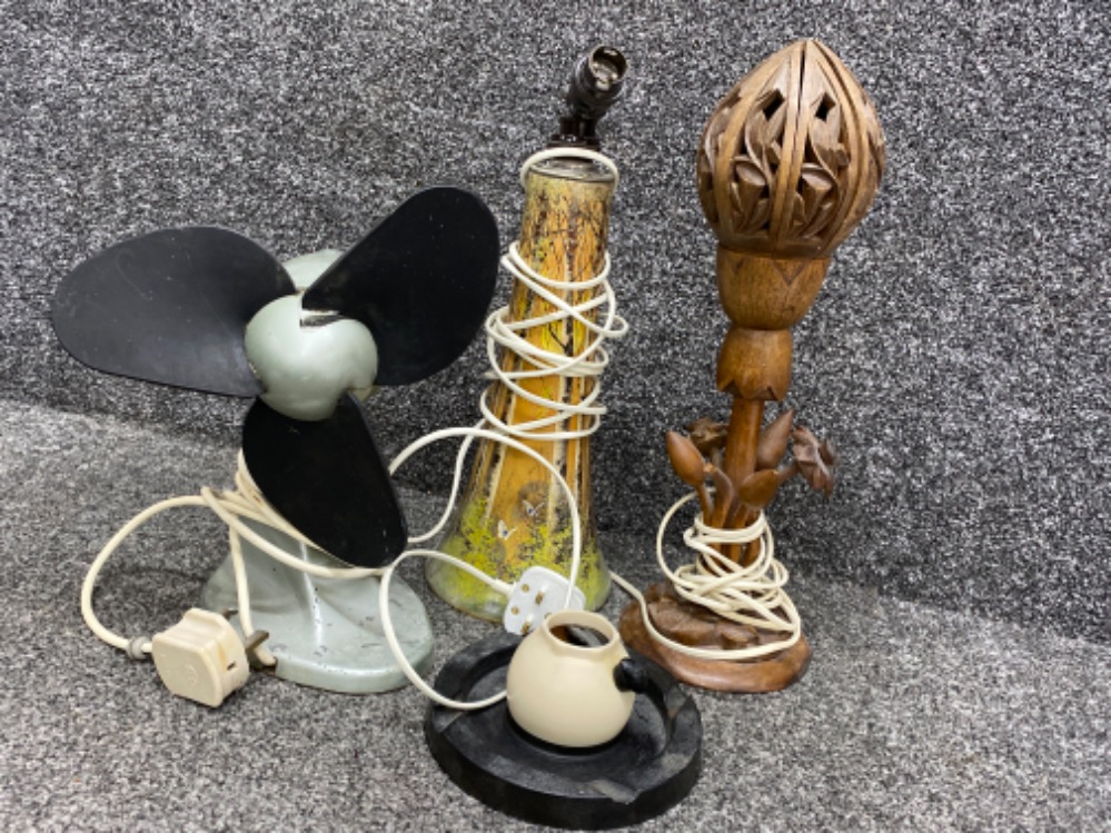 Box containing 2 wooden table Lamps, vintage electric fan & Bakelite ashtray