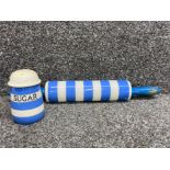 T G green Cornish ware sugar shaker also including Cornish ware rolling pin