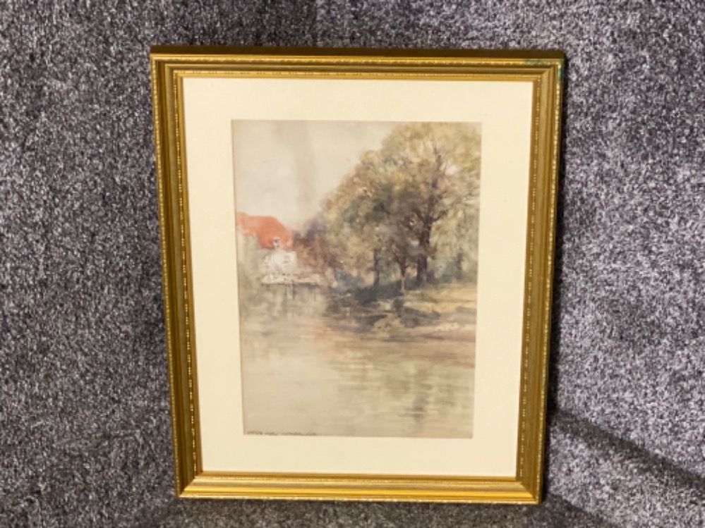 Gilt framed watercolour painting by Victor Noble Rainbird - river & woodland scene, signed &