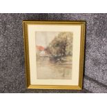 Gilt framed watercolour painting by Victor Noble Rainbird - river & woodland scene, signed &