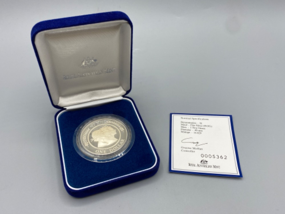 Royal Australian Mint 1oz fine silver (99.9%) proof one Dollar coin in protective capsule, with