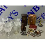 Tray of various cut drinking glasses tooled leather money box etc