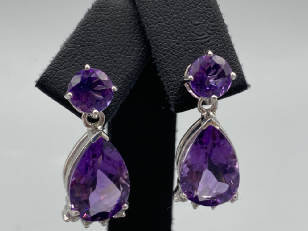 An impressive pair of silver and pear shaped Amethyst drop earrings, 7.4g
