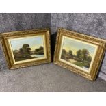 Pair of gilt framed oil on canvas paintings “both signed indistinct” woodland stream scenes, frame