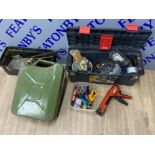 20L petrol can together with 2 boxes of miscellaneous hand tools & accessories