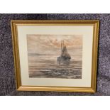 Gilt framed watercolour painting by Victor Noble Rainbird - fishing boat at sea, signed & dated by