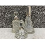 Vintage glass perfume bottle with stopper together with 2x hallmarked Birmingham silver rimmed