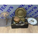 Tray of brass and copper kettle various cookery items etc