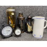 Box lot comprising of contemporary clocks, lanterns, wine holder & ceramic water jug