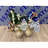 4x Staffordshire group ornaments together with a pair of Antique twin handled Limoges vases