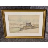 Gilt framed watercolour painting by Victor Noble Rainbird titled “Guns Of Collingwood On The Tyne