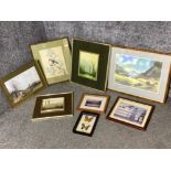Selection of miscellaneous prints also includes a taxidermy framed butterfly duo