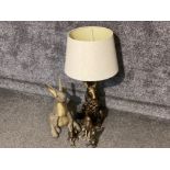 3 bronze effect rabbit ornaments together with a rabbit themed based table lamp and shade & large
