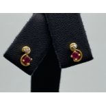 A pair of yellow gold ruby and diamond stud earrings, 1.1g