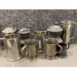 Box containing 9 different “English Pewter” tankards (3 lidded)