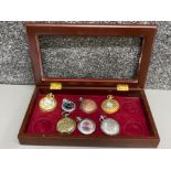 Total of 7 metal pocket watches (includes 2x gilt) also includes pocket watch box