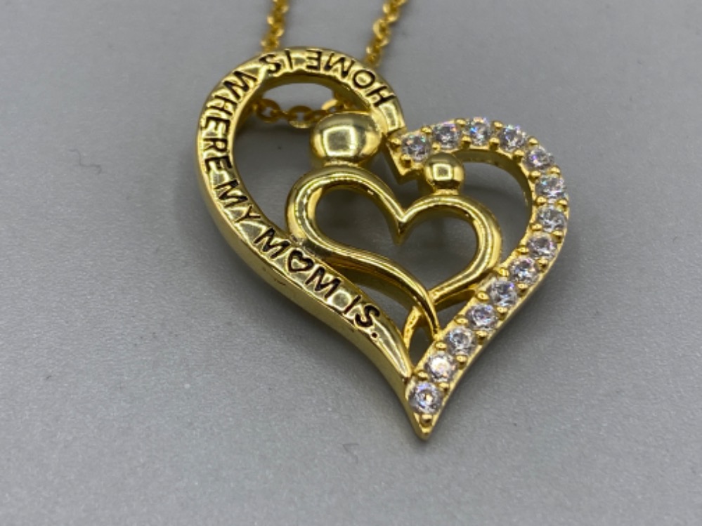 Silver gilt heart shape pendant & chain, heart inscribed “home is where my mum is” with CZ stones, - Bild 2 aus 2