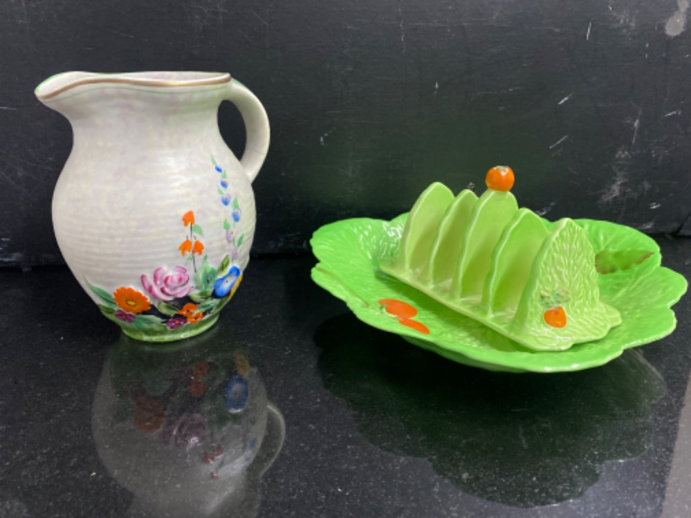 3 ceramic items to include Crown Devon fielding's jug together with Carlton ware cabbage plate &