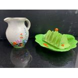 3 ceramic items to include Crown Devon fielding's jug together with Carlton ware cabbage plate &