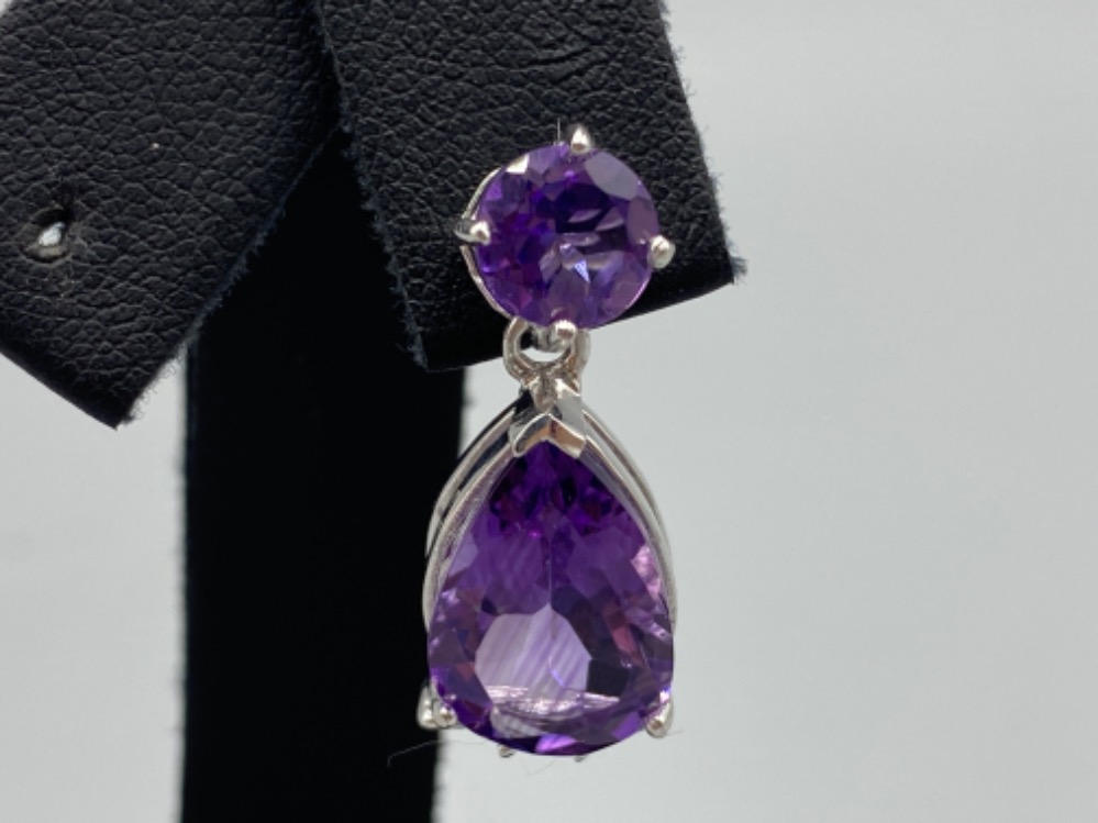 An impressive pair of silver and pear shaped Amethyst drop earrings, 7.4g - Image 3 of 3