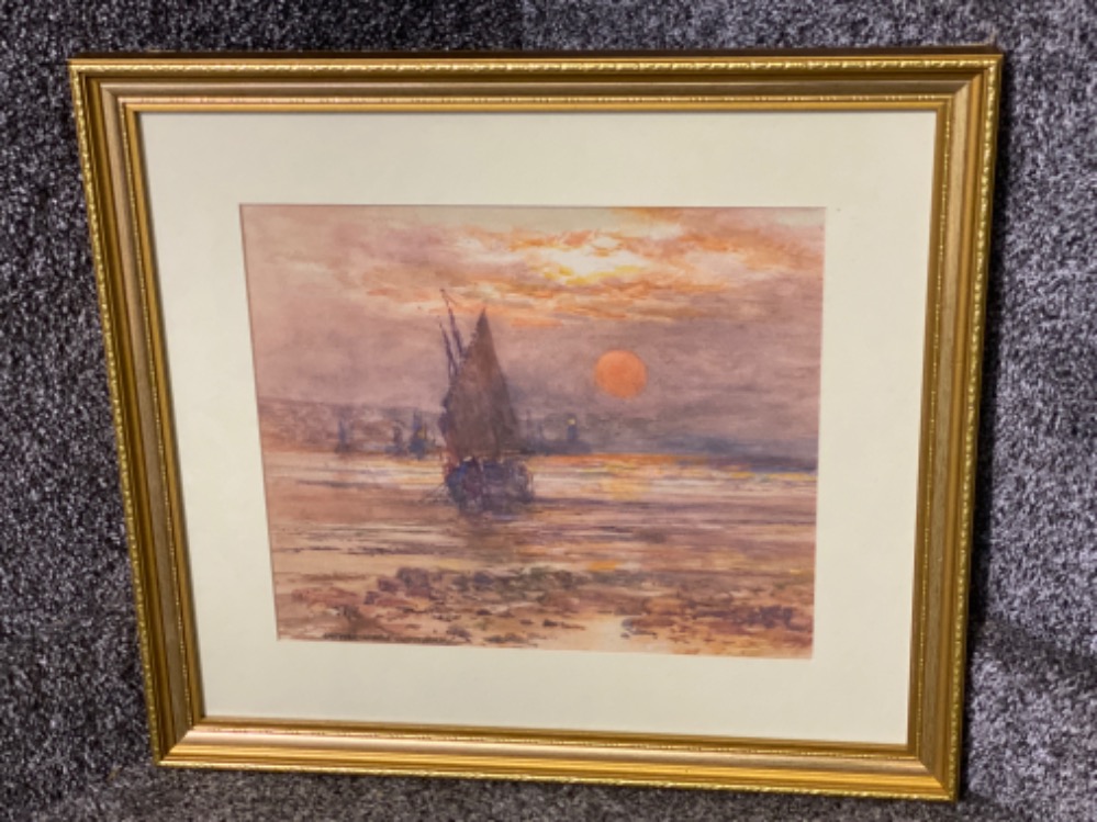 Gilt framed watercolour painting by Victor Noble Rainbird - coastal scene with boats, signed