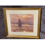 Gilt framed watercolour painting by Victor Noble Rainbird - coastal scene with boats, signed