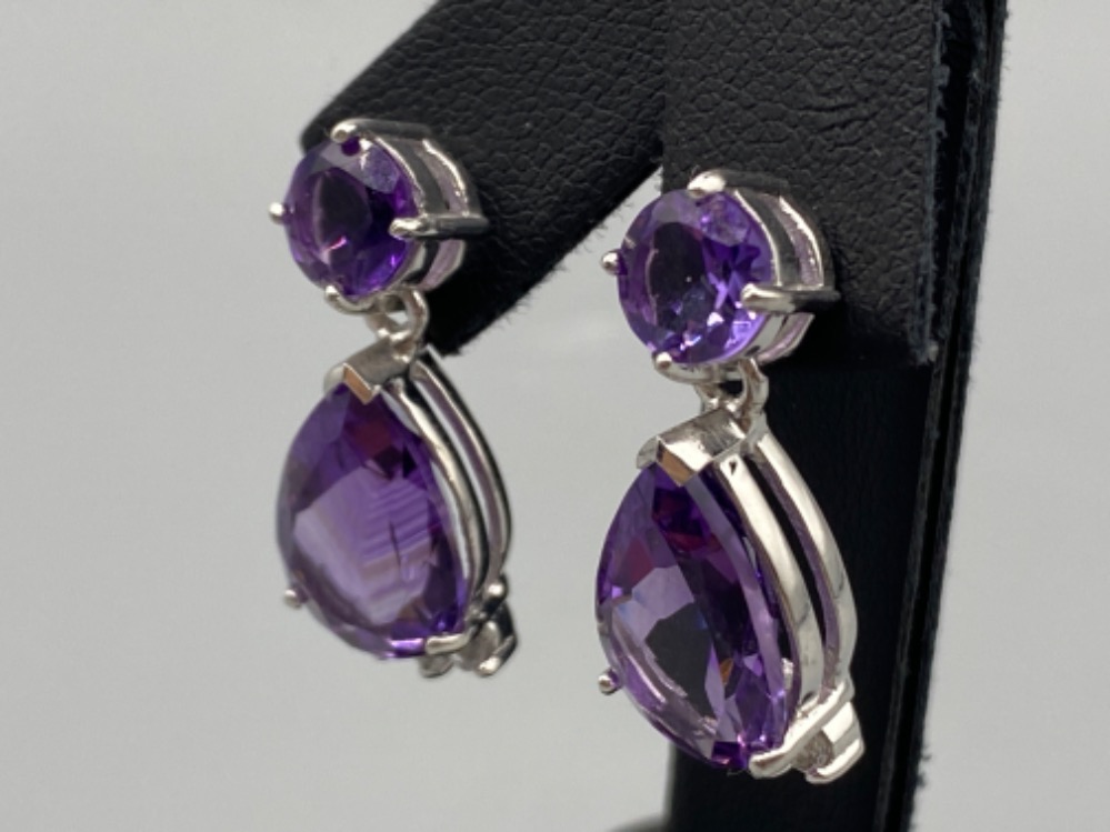 An impressive pair of silver and pear shaped Amethyst drop earrings, 7.4g - Image 2 of 3